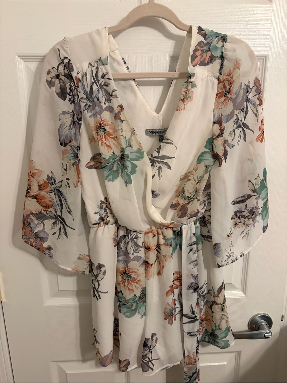 bailey blue Cream Floral Wrap Romper with Mint & Peach Blooms